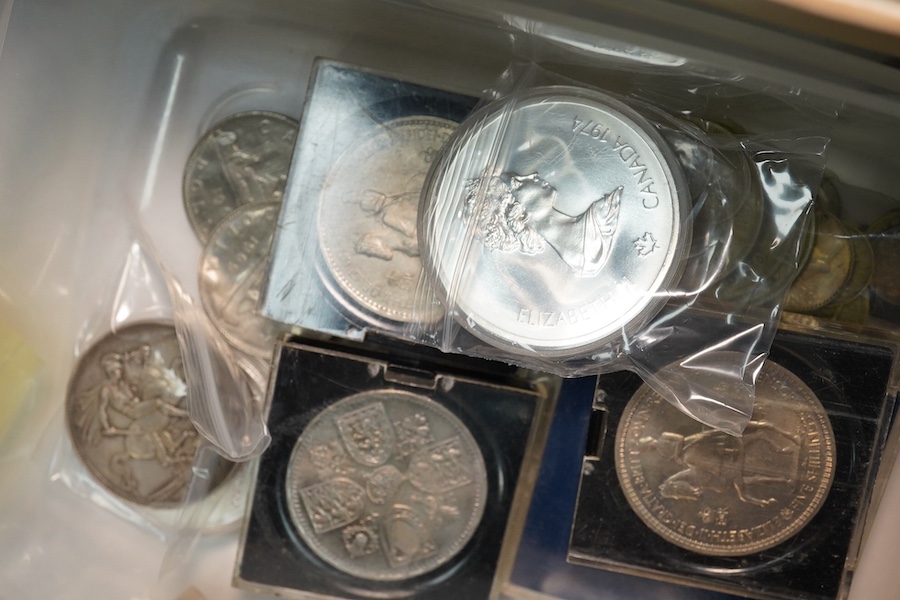 British and Canadian coins to include 1976 Montreal Olympiad proof silver coins - two $10, two $5, Victoria crown 1887, EF, Victoria to Elizabeth II pennies and halfpennies including 1912 H and KN, 1918 and 1919 KN and H